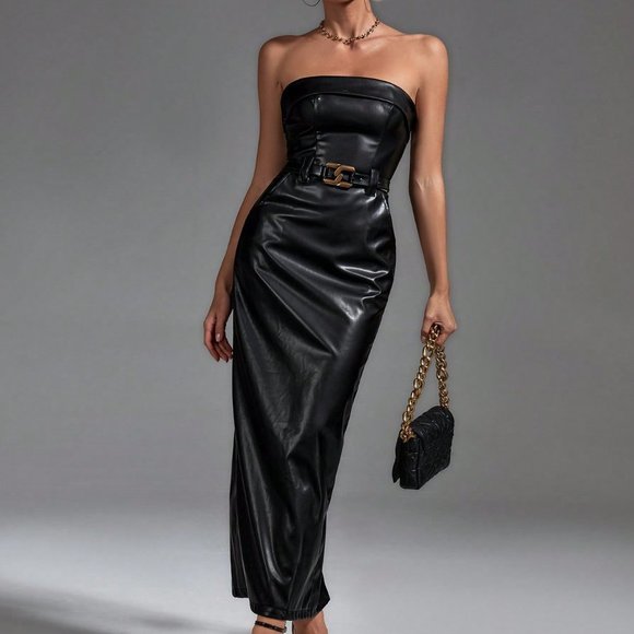 Black Preppy Womens Solid PU Tube Dress - Picture 3 of 6